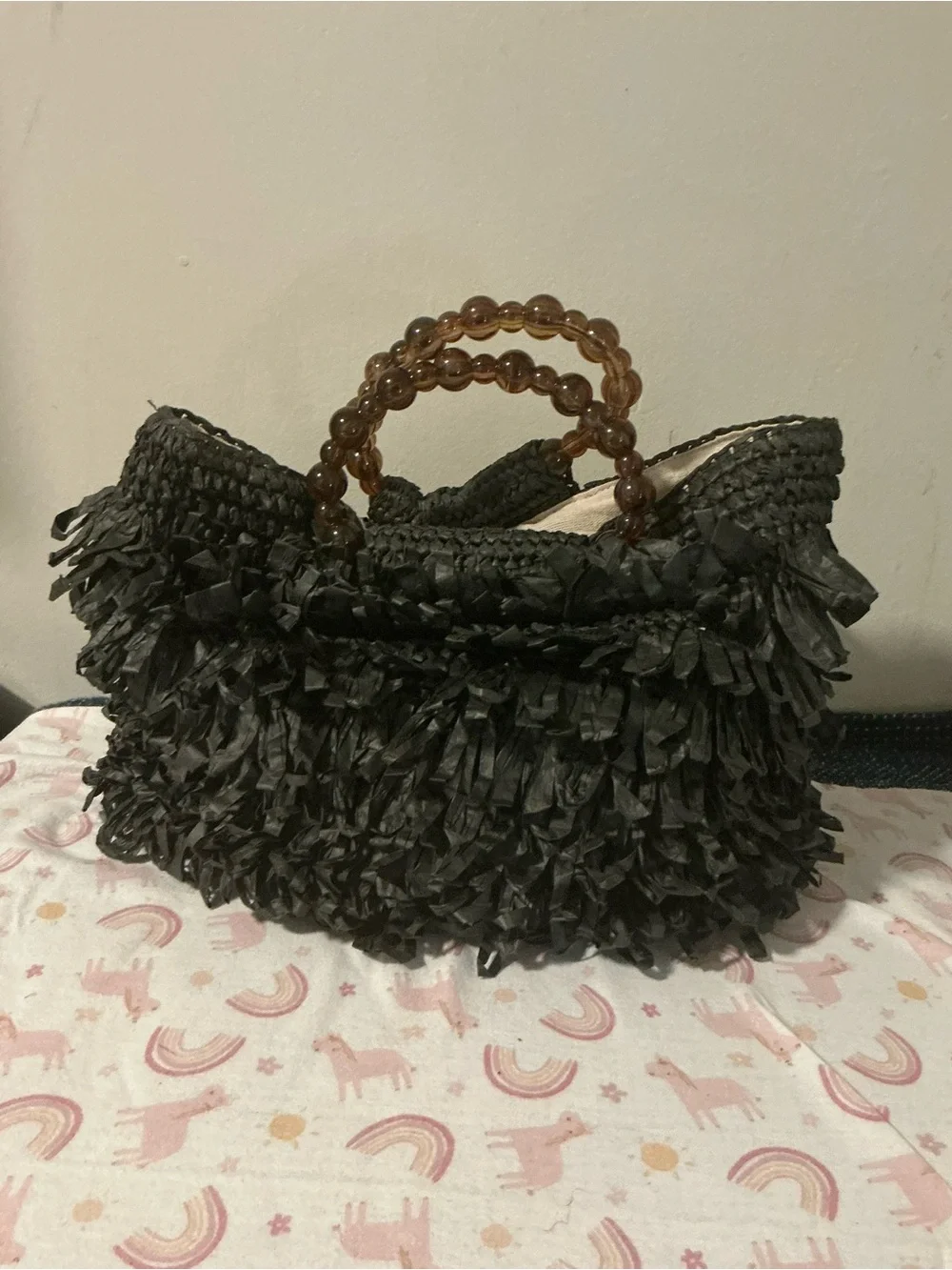 Black Fringed Straw Tote with Beaded Handles